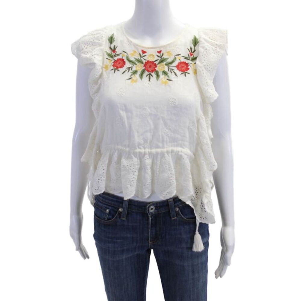 DRA Womens Bohemian Floral Cotton Round Neck Cap Sleeve Button Blouse Size S